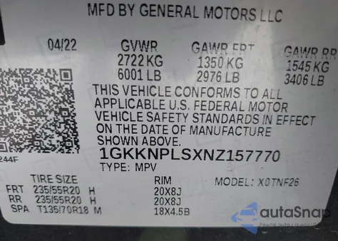 2022 GMC Acadia Fwd Denali из США, поврежденный, VIN 1GKKNPLSXNZ157770